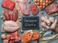 Różnorodne mięsa i ryby, jajka, kości. Tabliczka z napisem "Carnivore Dieta" sugeruje menu dla mięsożerców.