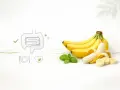 Banan jest lekkostrawny, co potwierdza grafika jelit i symbol serca. Kilka bananów i listki mięty.