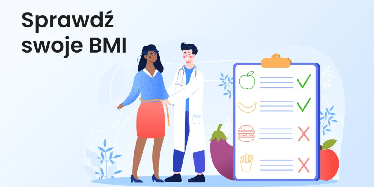 Lekarz mierzy kobietę taśmą, by sprawdzić co to jest BMI. Obok lista z zaleceniami żywieniowymi.