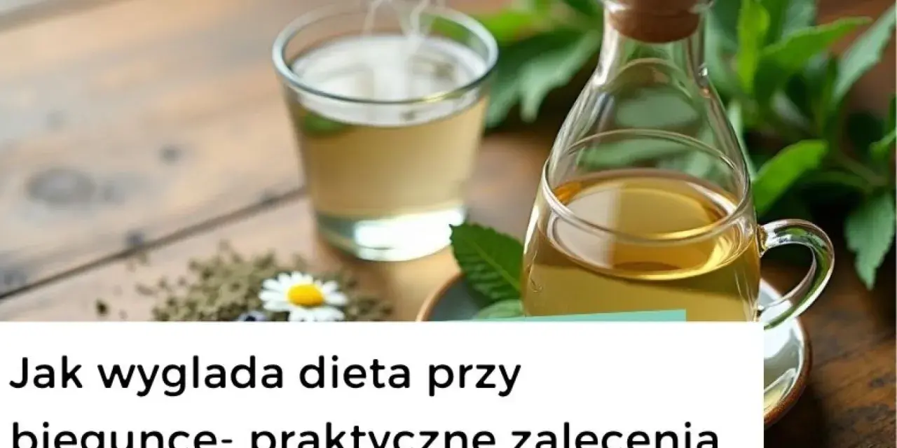 Parująca herbata i buteleczka z napojem na drewnianym stole. Dowiedz się, co jeść przy biegunce, by poczuć ulgę.