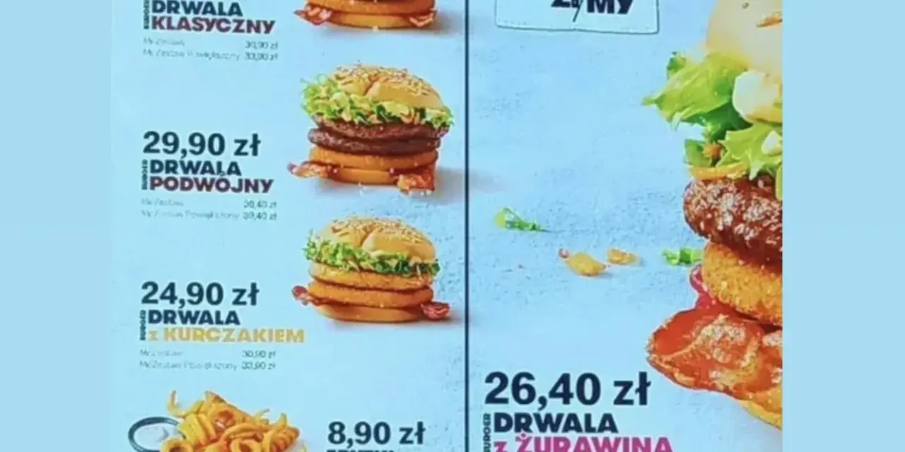 Menu KFC z burgerami Drwala. Nie ma informacji, ile kalorii ma zinger z KFC.