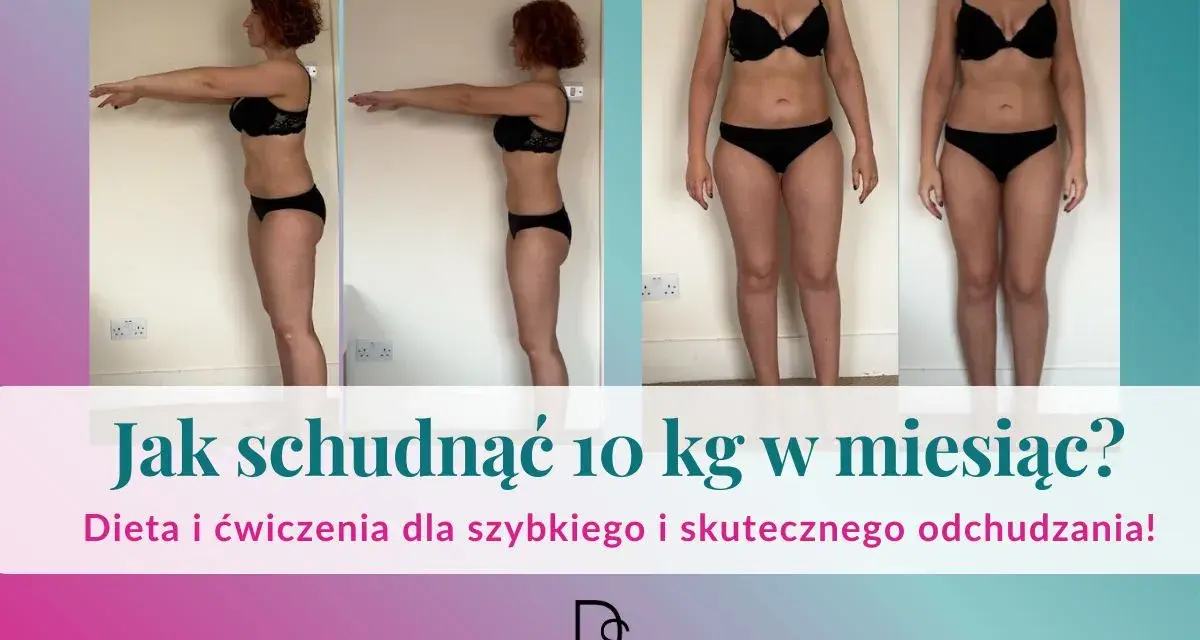 Kobieta pokazuje metamorfozę sylwetki. Dowiedz się, jak schudnąć 10 kg w miesiąc dzięki diecie i ćwiczeniom.