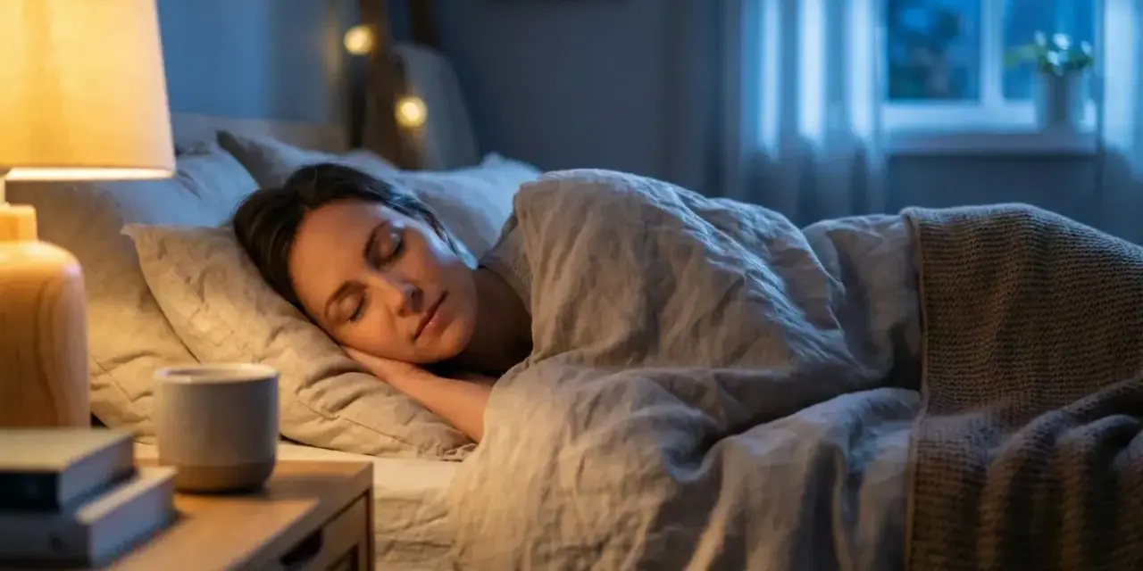 Kobieta śpi spokojnie, marząc o tym, co na zgagę w nocy. Ciepła lampka nocna i przytulne łóżko tworzą atmosferę relaksu.
