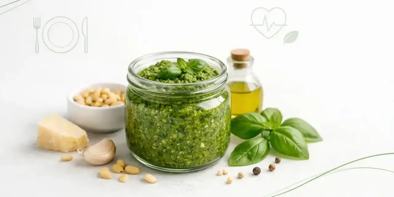 Słoik domowego pesto, składniki: bazylia, orzeszki piniowe, czosnek, parmezan, oliwa. Czy pesto jest dietetyczne? Zależy od ilości!