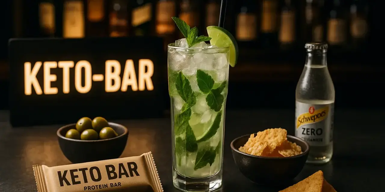 Keto-bar, drink z miętą i limonką, oliwki, chipsy i Schweppes Zero. Idealne połączenie, jeśli zastanawiasz się, jaki alkohol na keto.