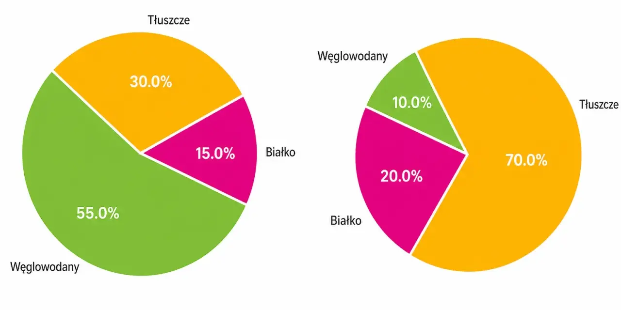 Wykresy porównują diety: standardowa (55% węglowodanów) i keto (10% węglowodanów).