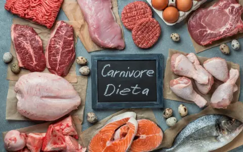 Różnorodne mięsa i ryby, jajka, kości. Tabliczka z napisem "Carnivore Dieta" sugeruje menu dla mięsożerców.