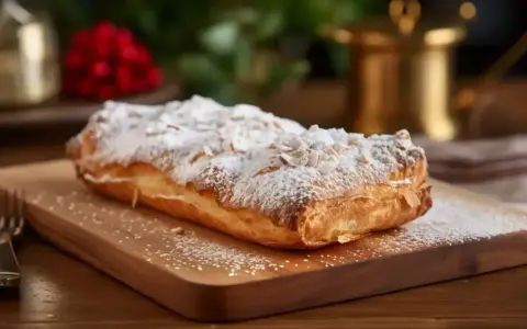 Pyszne ciasto francuskie bezglutenowe posypane cukrem pudrem i płatkami migdałów. Idealne na deser, gdy szukasz przepisu na coś wyjątkowego.