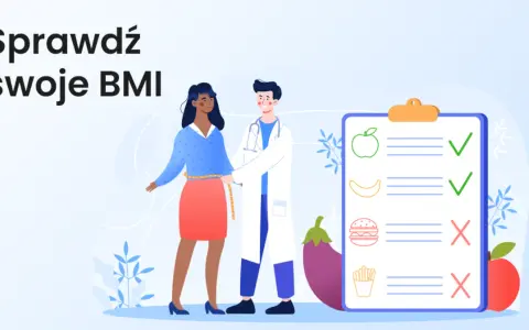 Lekarz mierzy kobietę taśmą, by sprawdzić co to jest BMI. Obok lista z zaleceniami żywieniowymi.
