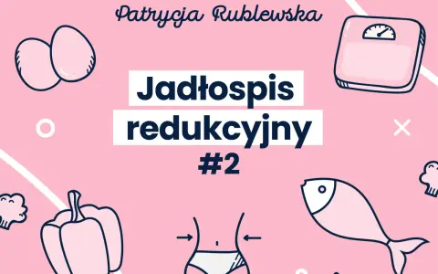 Tania dieta odchudzająca - jadłospis redukcyjny #2. Ilustracje: jajka, ryba, papryka, brokuły, waga, sylwetka.
