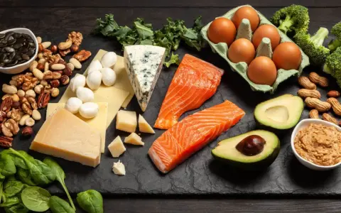 Pyszne keto przekąski: łosoś, awokado, jajka, ser, orzechy, brokuły i masło orzechowe. Idealne na dietę ketogeniczną.