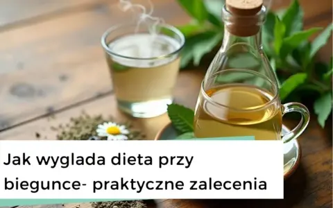 Parująca herbata i buteleczka z napojem na drewnianym stole. Dowiedz się, co jeść przy biegunce, by poczuć ulgę.