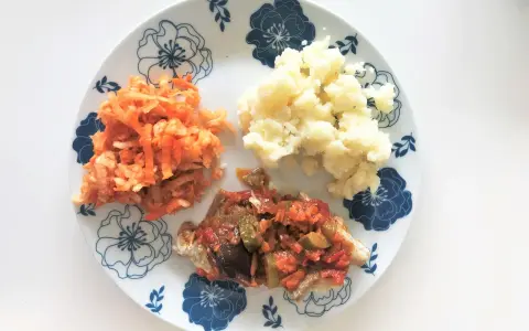 Łagodny posiłek po kolonoskopii: ryba w sosie warzywnym, puree ziemniaczane i surówka z marchewki.