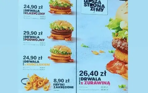 Menu KFC z burgerami Drwala. Nie ma informacji, ile kalorii ma zinger z KFC.
