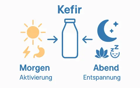 Kefir na noc dla relaksu. Obrazek pokazuje słońce i żołądek po lewej (aktywacja rano) oraz księżyc, kwiat i śpiącą twarz po prawej (relaks wieczorem).