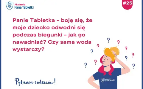 Rodzic pyta, co pić przy biegunce, by nawodnić dziecko. Czy sama woda wystarczy? Ilustracja z pytaniami i zmartwioną mamą z dzieckiem na ramieniu.