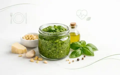 Słoik domowego pesto, składniki: bazylia, orzeszki piniowe, czosnek, parmezan, oliwa. Czy pesto jest dietetyczne? Zależy od ilości!