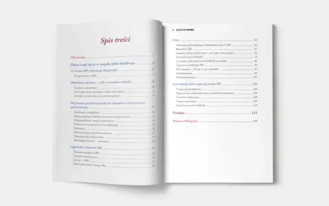 Spis treści książki o zdrowiu jelit, gdzie znajdziesz rozdziały o diecie, mikrobiocie, objawach IBS i dysbiozie.