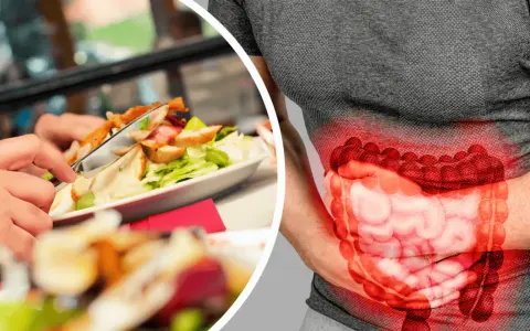 Osoba z bólem brzucha, gdzie widoczny jest jelito grube. Obok sałatka, sugerująca dietę jak oczyścić uchyłki jelita grubego.