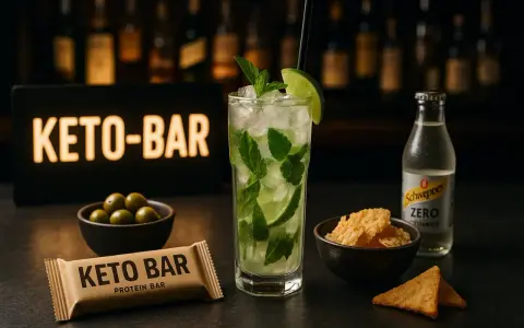 Keto-bar, drink z miętą i limonką, oliwki, chipsy i Schweppes Zero. Idealne połączenie, jeśli zastanawiasz się, jaki alkohol na keto.