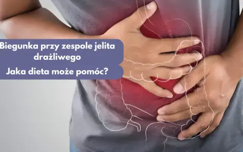 Osoba trzyma się za brzuch, gdzie widoczne są jelita. Tekst pyta: "Biegunkę przy zespole jelita drażliwego. Jaka dieta może pomóc?".