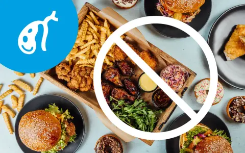 Symbol woreczka żółciowego i zakaz jedzenia fast foodów. Unikaj tłustych potraw, by zapobiec kamicy woreczka żółciowego.