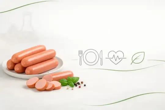 Parówki na talerzu i obok plasterki z bazylią. Czy parówki są lekkostrawne? Ikony zdrowia i natury sugerują pozytywną odpowiedź.