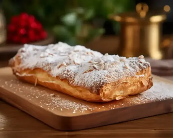 Pyszne ciasto francuskie bezglutenowe posypane cukrem pudrem i płatkami migdałów. Idealne na deser, gdy szukasz przepisu na coś wyjątkowego.
