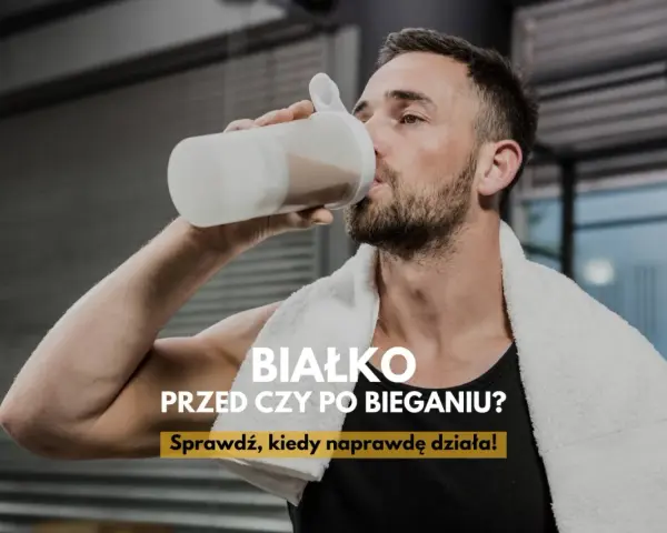 Mężczyzna pije białko z shakera po treningu. Czy białko przed czy po bieganiu jest lepsze? Sprawdź, kiedy naprawdę działa!