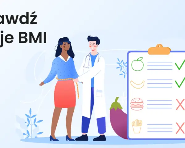 Lekarz mierzy kobietę taśmą, by sprawdzić co to jest BMI. Obok lista z zaleceniami żywieniowymi.