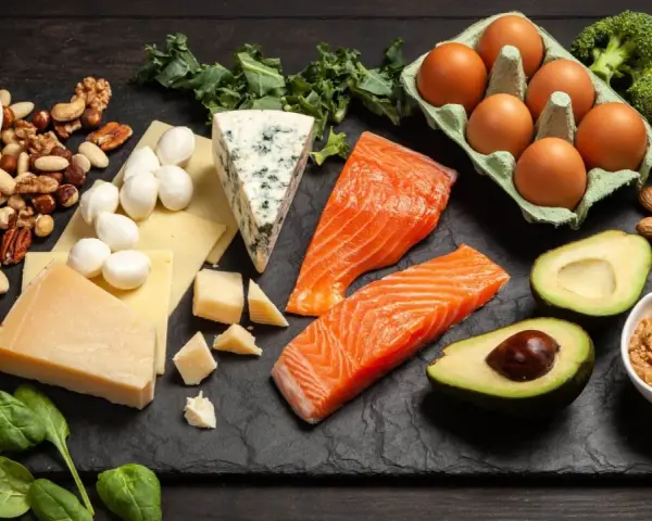 Pyszne keto przekąski: łosoś, awokado, jajka, ser, orzechy, brokuły i masło orzechowe. Idealne na dietę ketogeniczną.