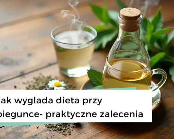 Parująca herbata i buteleczka z napojem na drewnianym stole. Dowiedz się, co jeść przy biegunce, by poczuć ulgę.