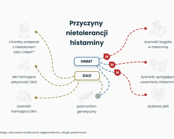 Schemat przyczyn nietolerancji histaminy, kluczowych dla diety antyhistaminowej. Wskazuje na żywność, leki i czynniki genetyczne.