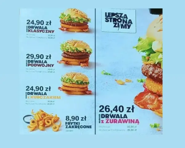 Menu KFC z burgerami Drwala. Nie ma informacji, ile kalorii ma zinger z KFC.