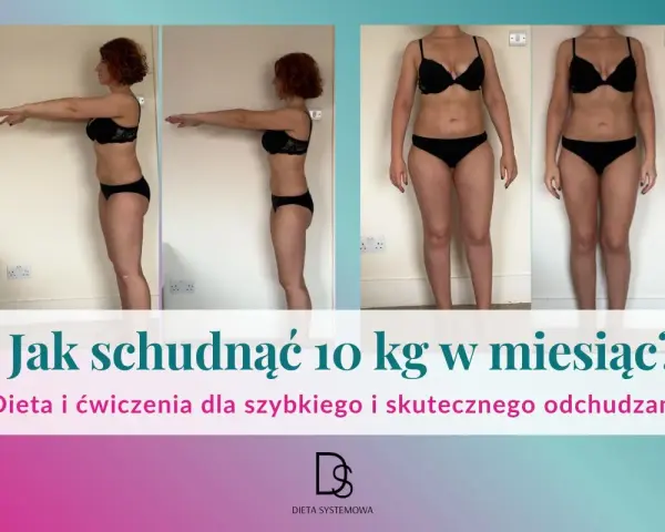 Kobieta pokazuje metamorfozę sylwetki. Dowiedz się, jak schudnąć 10 kg w miesiąc dzięki diecie i ćwiczeniom.
