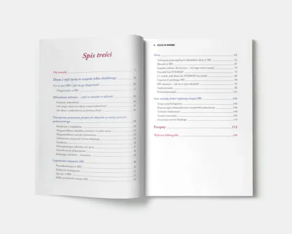 Spis treści książki o zdrowiu jelit, gdzie znajdziesz rozdziały o diecie, mikrobiocie, objawach IBS i dysbiozie.