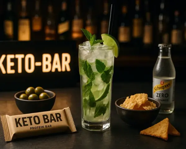 Keto-bar, drink z miętą i limonką, oliwki, chipsy i Schweppes Zero. Idealne połączenie, jeśli zastanawiasz się, jaki alkohol na keto.