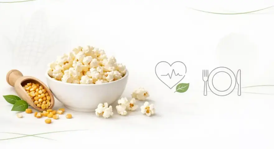 Miseczka popcornu, obok łopatka z ziarnami kukurydzy. Czy popcorn jest lekkostrawny? Ikony serca i talerza sugerują zdrowy posiłek.