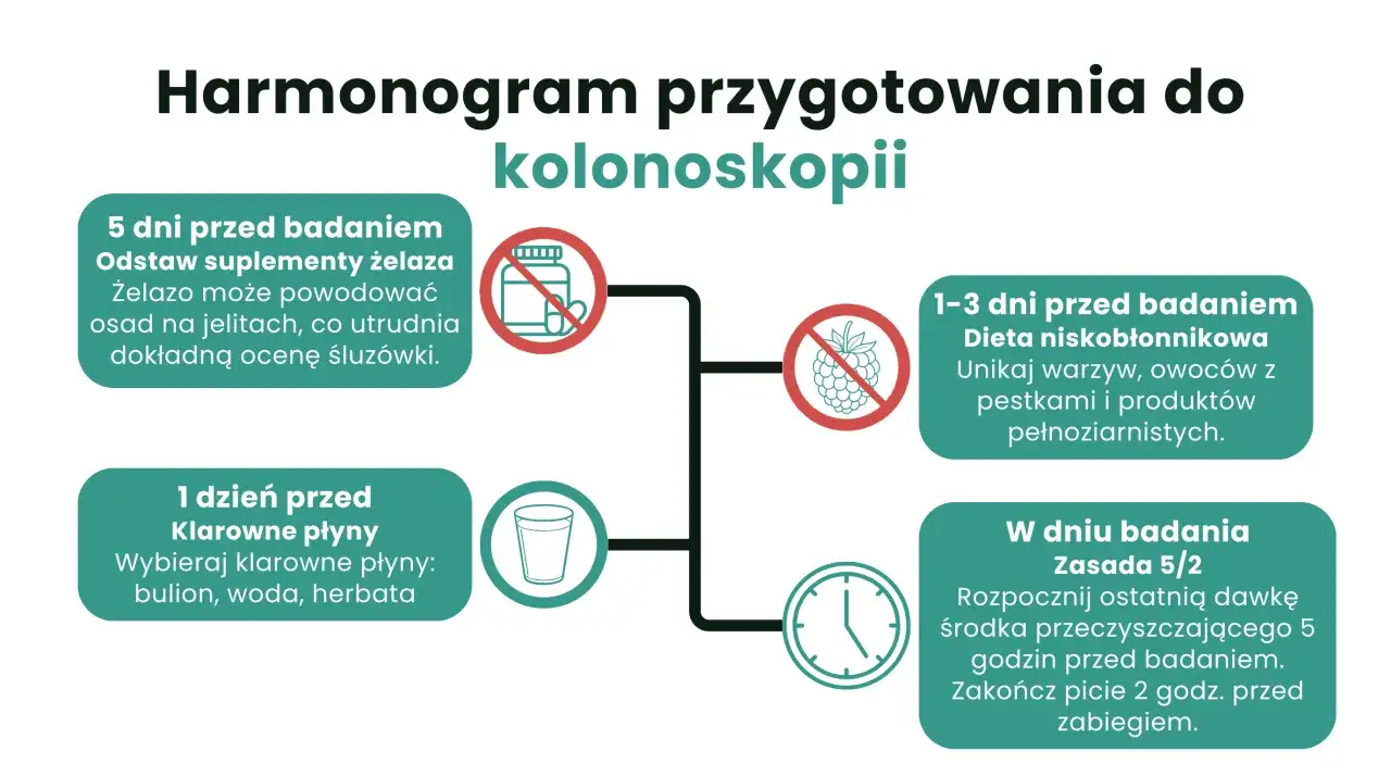 Harmonogram przygotowania do kolonoskopii: odstaw żelazo 5 dni przed, dieta niskobłonnikowa 1-3 dni przed, klarowne płyny dzień przed.